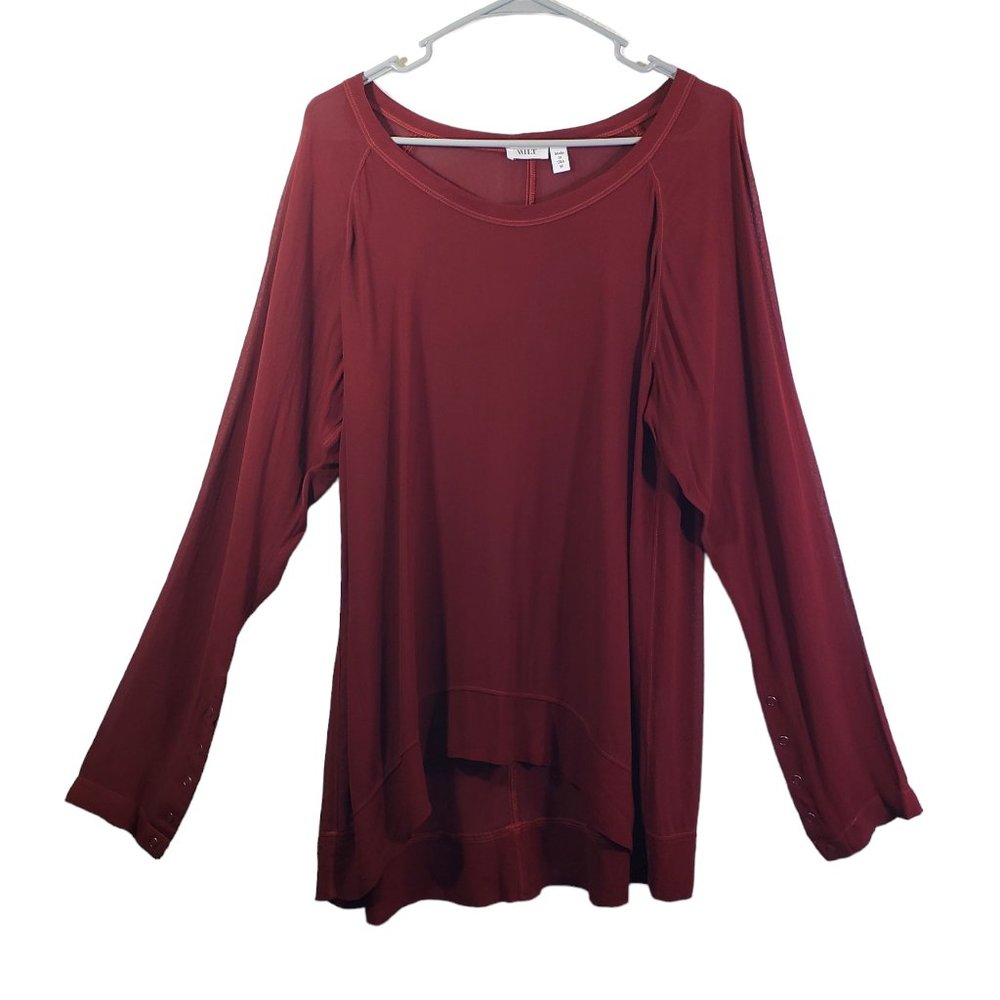 WILT Women's Medium Red Solid Tunic, Semi-Sheer, Hi-Low Hem Top
